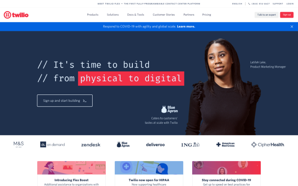 A website homepage. The headline reads "It's time to build from physical to digital."
