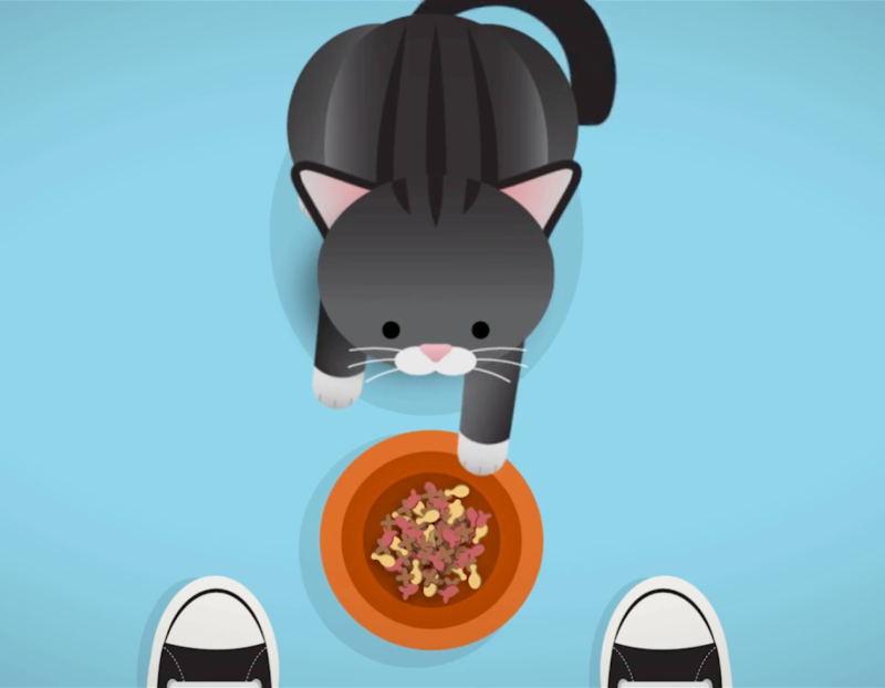 An illustration of a cat at a food bowl.