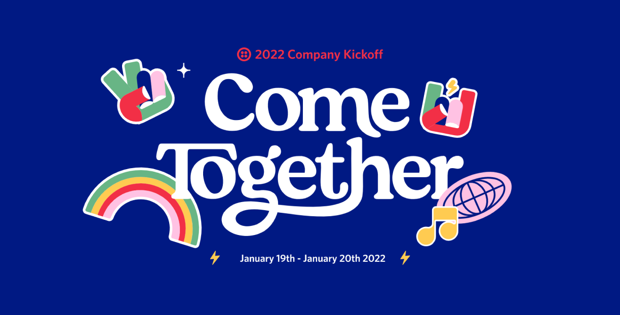 A logo lockup with colorful illustrations around it. The text reads "Come Together".
