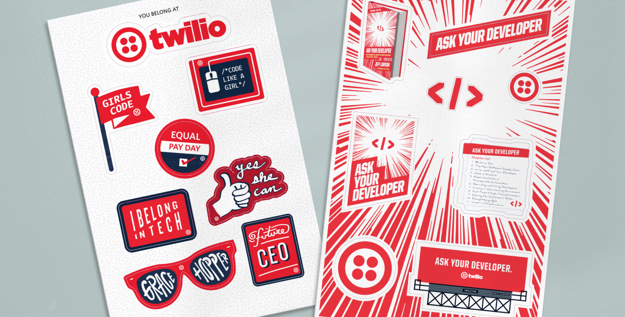 Two sticker sheets of red and white Twilio stickers.