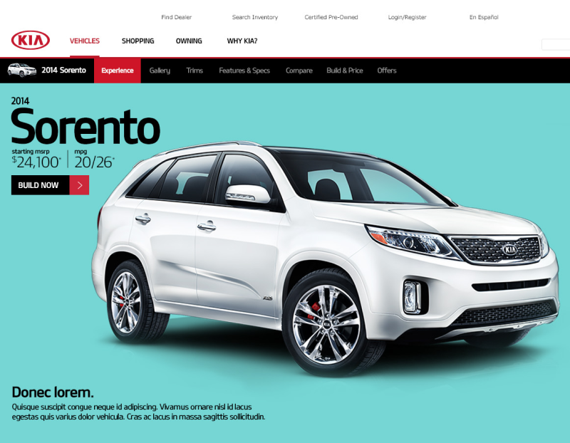 A website homepage mockup for Kia. A large white car is featured.