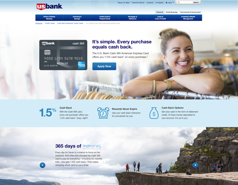 A website for a U.S. Bank with a woman featured next to a credit card.