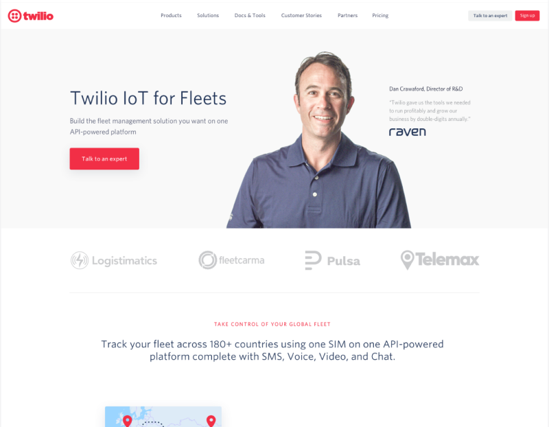 A website for Twilio with a man featured.