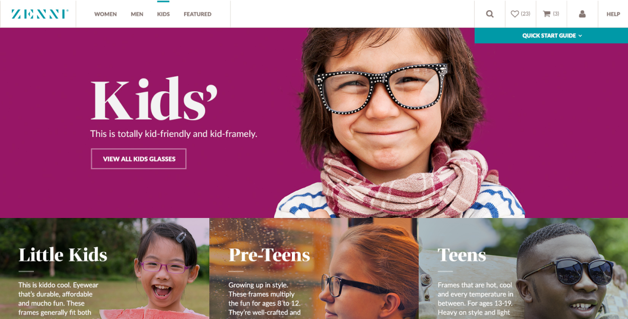 A website for Zenni with a child featured wearing glasses.